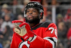  New Jersey Devils defenceman P.K. Subban gives instructions to teammates before a faceoff during NHL game against the Pittsburgh Penguins at the Prudential Center in Newark, N.J., on Nov. 15, 2019.