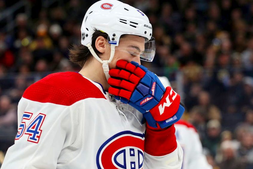 BOSTON, MASSACHUSETTS - DECEMBER 01: Charles Hudon #54 of the Montreal Canadiens reacts during the third period of the game against the Boston Bruins at TD Garden on December 01, 2019 in Boston, Massachusetts. The Bruins defeat the Canadiens 3-1.