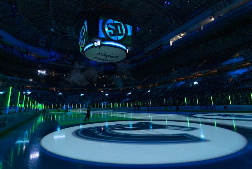The ice surface at Rogers Arena prior to a Vancouver Canucks game during the 2019-20 NHL season. The ice is back in at the arena and the team’s training facilities are available for use by the players.