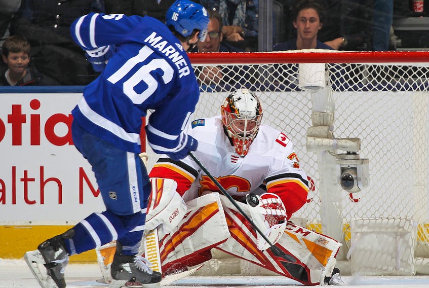 David Rittich of the Calgary Flames makes the game-winning shootout stop against Mitch Marner of the Toronto Maple Leafs during an NHL game at Scotiabank Arena on January 16, 2020 in Toronto, Ontario, Canada. The Flames defeated the Maple Leafsd 2-1 in a shoot-out. (Claus Andersen/Getty Images)