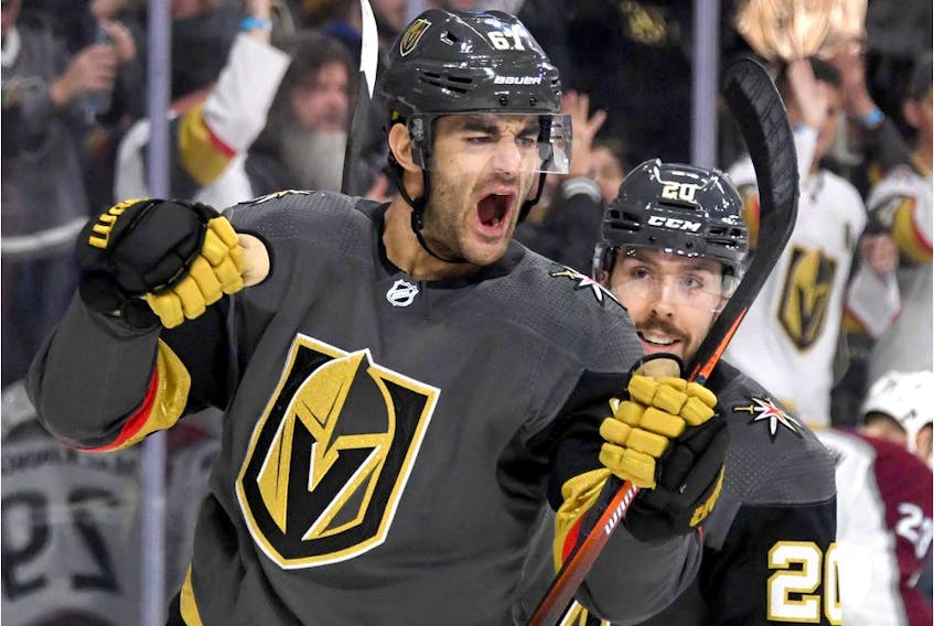 Golden Knights’ Chandler Stephenson after assisting on Max Pacioretty’s second-period goal against the Colorado Avalanche at T-Mobile Arena on Dec. 23, 2019, in Las Vegas.