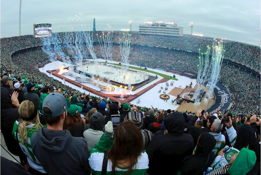 Pregame pyrotechnics before the NHL Winter Classic between the Dallas Stars and the Nashville Predators at the Cotton Bowl on Jan. 1, 2020 in Dallas, Texas.