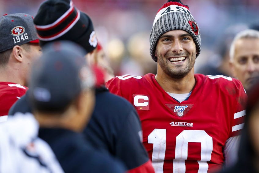 Jimmy Garoppolo of the San Francisco 49ers reacts on the sidelines during the second half against the Minnesota Vikings during the NFC Divisional Round Playoff game at Levi's Stadium on Jan. 11, 2020 in Santa Clara, Calif. (Lachlan Cunningham/Getty Images)