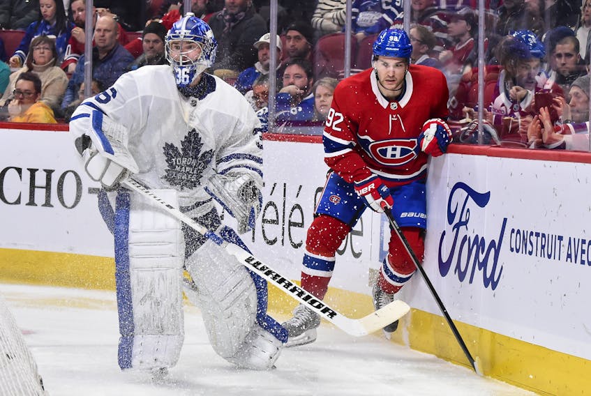 Goaltender Jack Campbell  of the Toronto Maple Leafs and Jonathan Drouin #92 of the Montreal Canadiens skate against each other during the second period at the Bell Centre on February 8, 2020 in Montreal, Canada. 