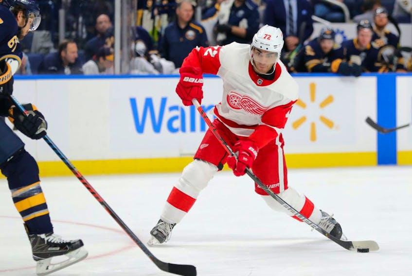 Andreas Athanasiou (72) of the Detroit Red Wings takes a shot on goal against the Buffalo Sabres at KeyBank Center on Feb. 11, 2020 in Buffalo, N.Y. 