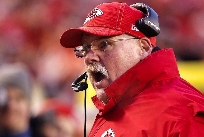Head coach Andy Reid of the Kansas City Chiefs reacts late in the second half against the Tennessee Titans in the AFC Championship Game at Arrowhead Stadium on January 19, 2020 in Kansas City, Missouri.