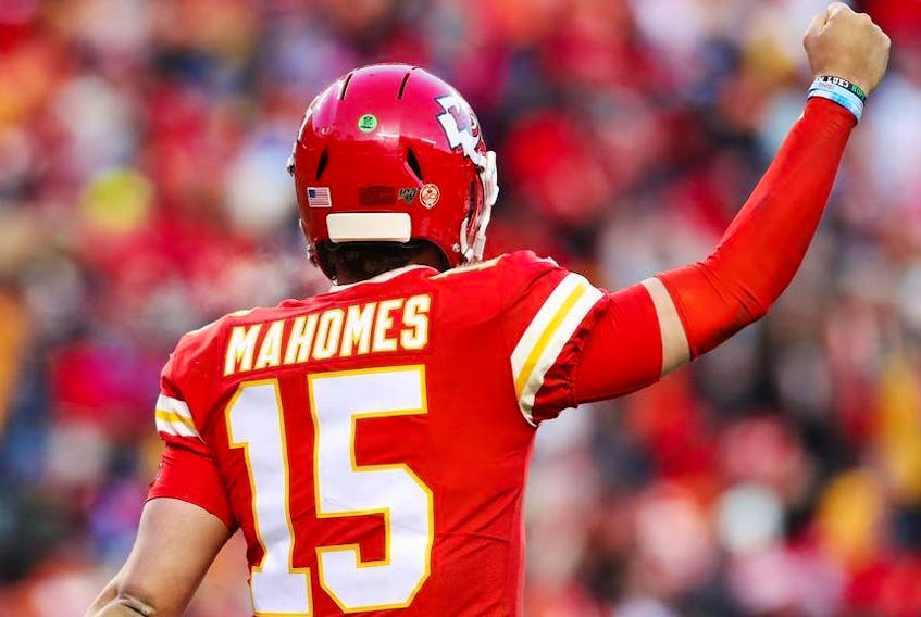 Patrick Mahomes of the Kansas City Chiefs reacts after a play in the second half against the Tennessee Titans in the AFC Championship Game at Arrowhead Stadium on January 19, 2020 in Kansas City, Missouri.
