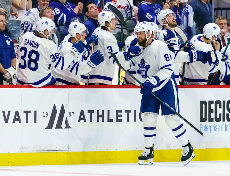Jake Muzzin  of the Toronto Maple Leafs celebrates his second- period goal at  the Canadian Tire Centre on February 15, 2020 in Ottawa, Ontario, Canada.  (Photo by Jana Chytilova/Freestyle Photography/Getty Images)