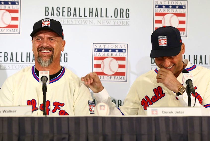  Larry Walker and Derek Jeter speak to the media in New York on Wednesday after being elected into the National Baseball Hall of Fame Class of 2020.