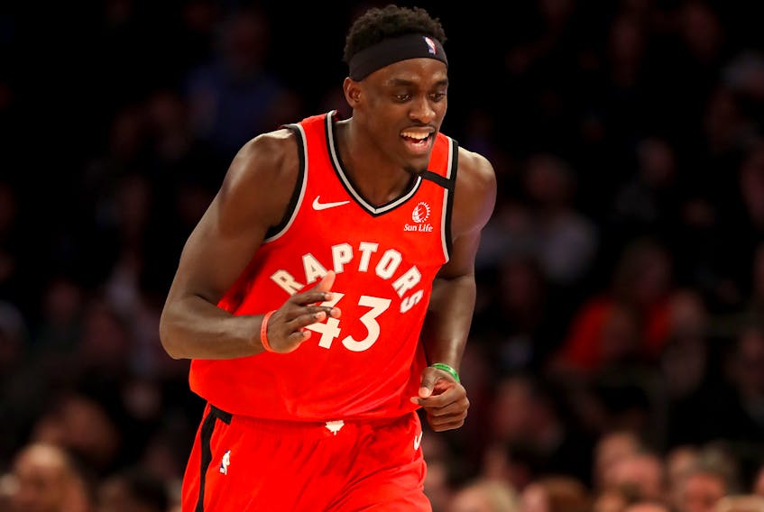 Pascal Siakam #43 of the Toronto Raptors celebrates his three point shot in the fourth quarter against the New York Knicks at Madison Square Garden on January 24, 2020 in New York City. The Toronto Raptors defeated the New York Knicks 118-112.
(Photo by Elsa/Getty Images)