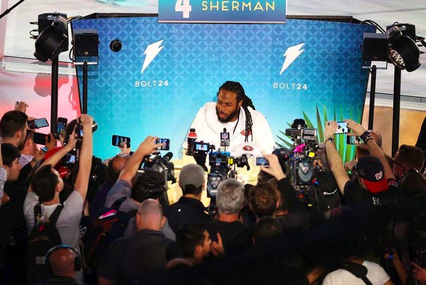 Cornerback Richard Sherman of the San Francisco 49ers speaks to the media during Super Bowl Opening Night presented by BOLT24 at Marlins Park on January 27, 2020 in Miami, Florida.