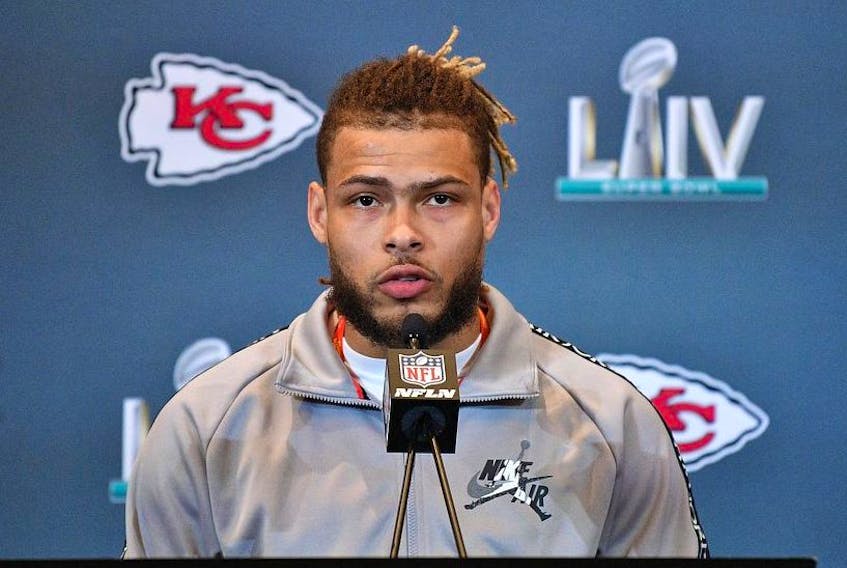 Tyrann Mathieu of the Kansas City Chiefs speaks to the media during the Kansas City Chiefs media availability prior to Super Bowl LIV at the JW Marriott Turnberry on January 30, 2020 in Aventura, Florida.