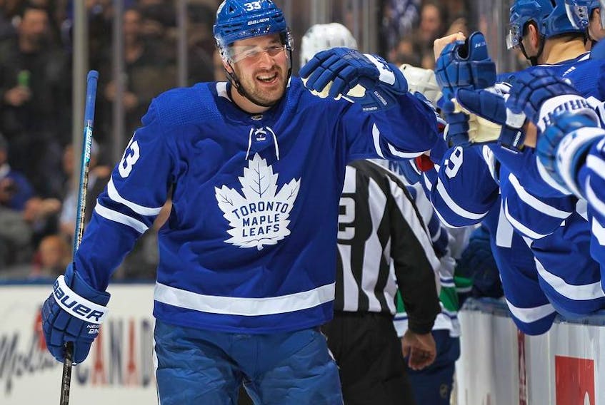Frederik Gauthier of the Toronto Maple Leafs celebrates a goal against the Vancouver Canucks during an NHL game at Scotiabank Arena on February 29, 2020 in Toronto, Ontario, Canada.