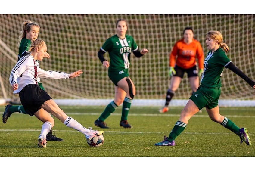 The Holland College Hurricanes and the UPEI Panthers are shown in inter-provincial fall varsity soccer league women’s semifinal action Sunday in Charlottetown. Darrell Theriault/Special to The Guardian