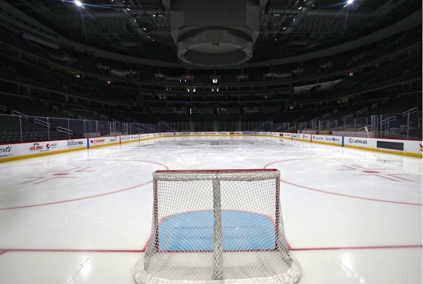 A goal sits on the empty ice prior to the Detroit Red Wings playing against the Washington Capitals at Capital One Arena on March 12, 2020, in Washington, D.C. 