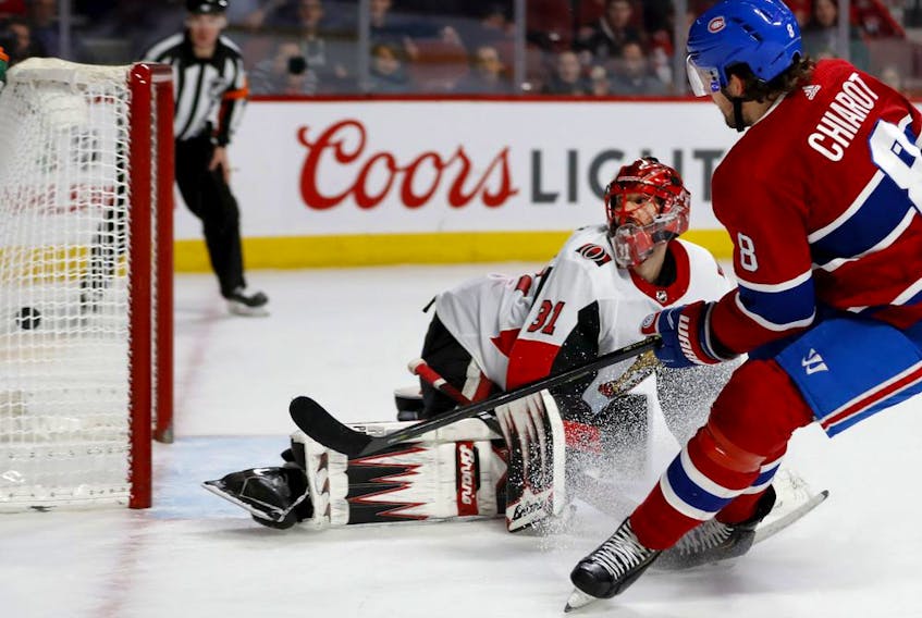  Canadiens defenscman Ben Chiarot scores the winning goal in overtime past Senators goaltender Anders Nilsson Wednesday night at the Bell Centre.