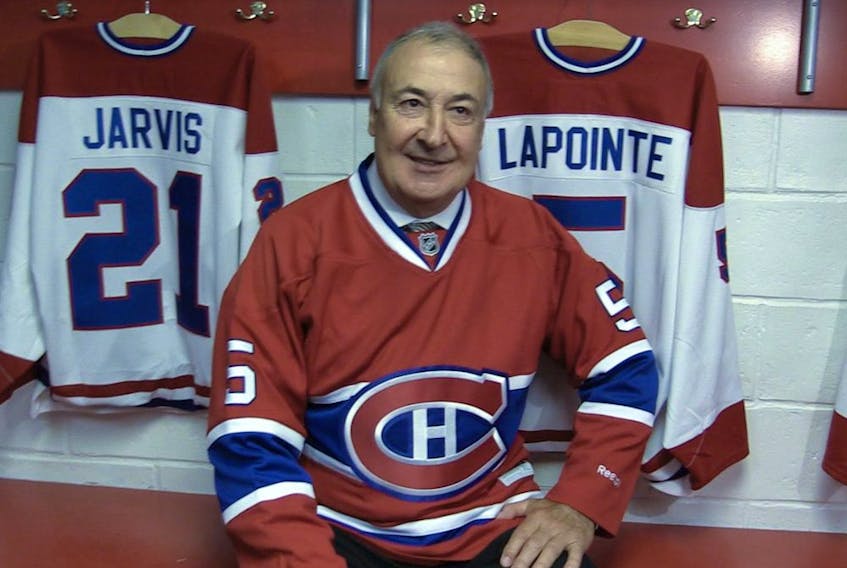Canadiens Hall of Fame defenceman poses for photo on June 19, 2014 after announcement that his No. 5 would be retired by the team.