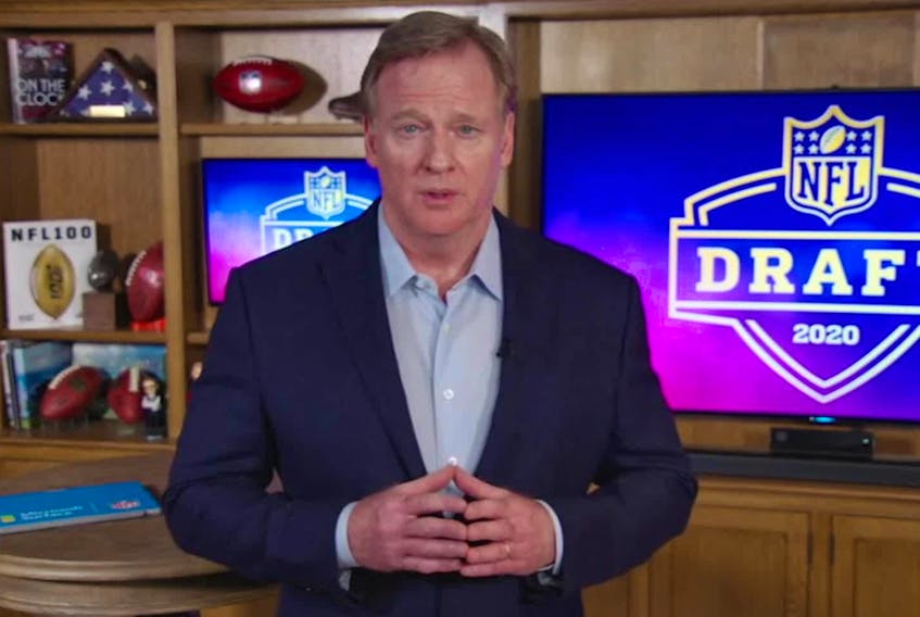 In this still image from video provided by the NFL, commissioner Roger Goodell speaks from his home in Bronxville, New York, during the first round of the 2020 NFL Draft on April 23, 2020.