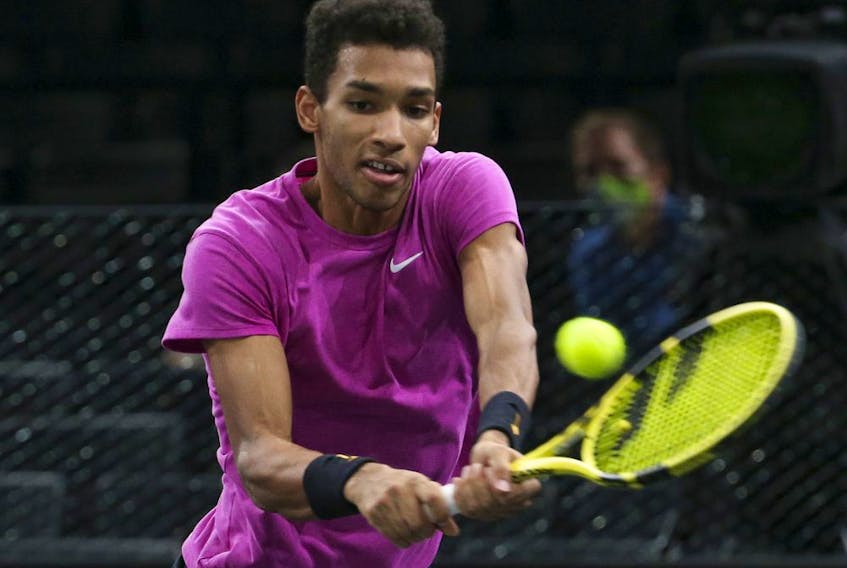 Felix Auger-Aliassime of Canada during the Men's Doubles Final on day 7 of the Rolex Paris Masters, an ATP Masters 1000 tournament held behind closed doors at AccorHotels Arena formerly known as Paris Bercy on November 8, 2020 in Paris, France.