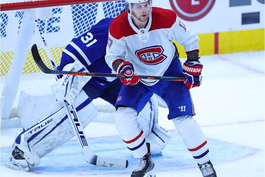 Canadiens' Josh Anderson screens Leafs goalie Frederik Andersen Wednesday night. The forward scored twice in his debut with the Habs.