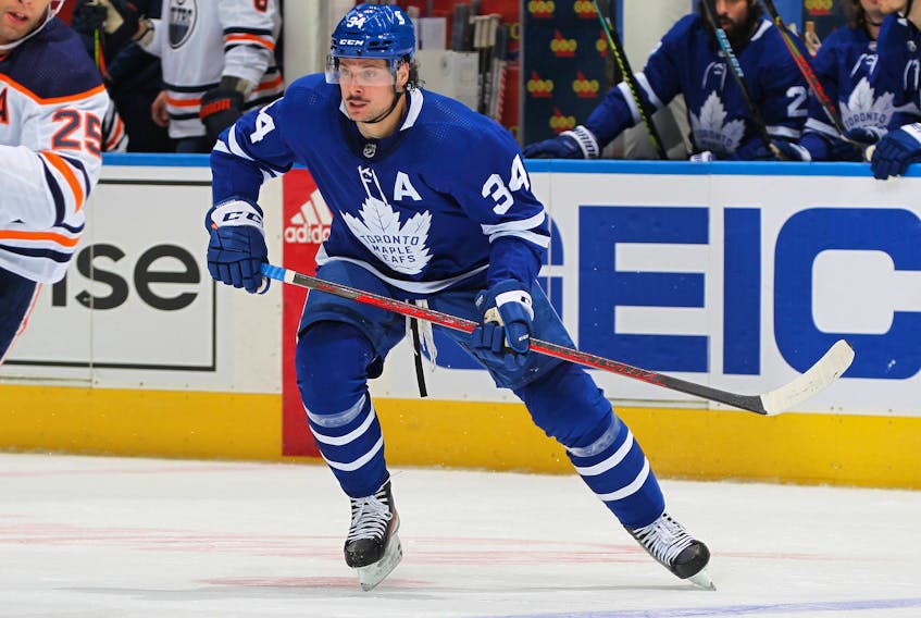 Auston Matthews #34 of the Toronto Maple Leafs skates against the Edmonton Oilers at Scotiabank Arena on January 20, 2021 in Toronto.  