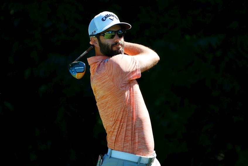 Adam Hadwin of Abbotsford plays his shot from the sixth tee during the Charles Schwab Challenge on June 11, 2020 at Colonial Country Club in Fort Worth, Texas.
