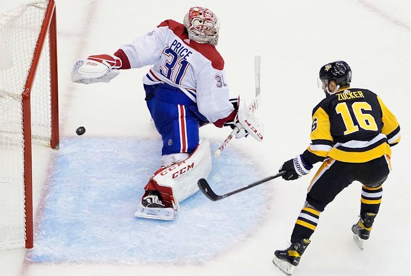 Jason Zucker of the Pittsburgh Penguins scores on Canadiens' Carey Price during third period in Game 2 of the Eastern Conference Qualification Round at Scotiabank Arena on Aug, 3, 2020, in Toronto.
