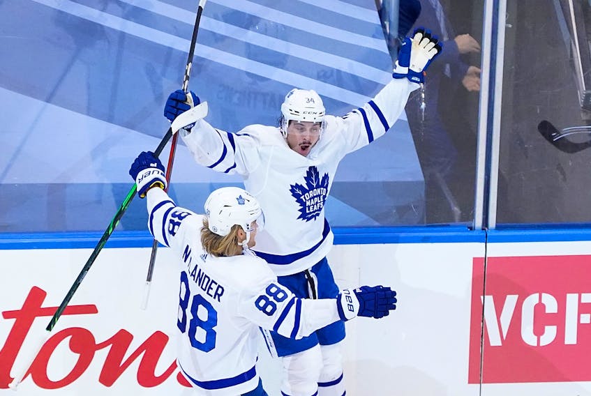 Auston Matthews of the Toronto Maple Leafs celebrates his game winning goal at 13:10 in overtime to defeat the Columbus Blue Jackets 4-3 in Game 4 on Friday.