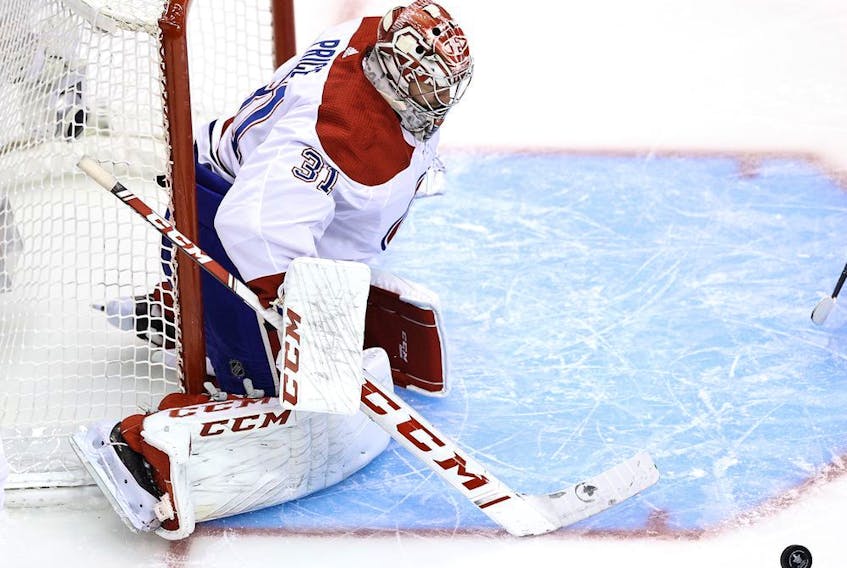 Canadiens goalie Carey Price makes one of his 29 saves in 2-1 loss to the Philadelphia Flyers Wednesday night at Toronto's Scotiabank Arena.