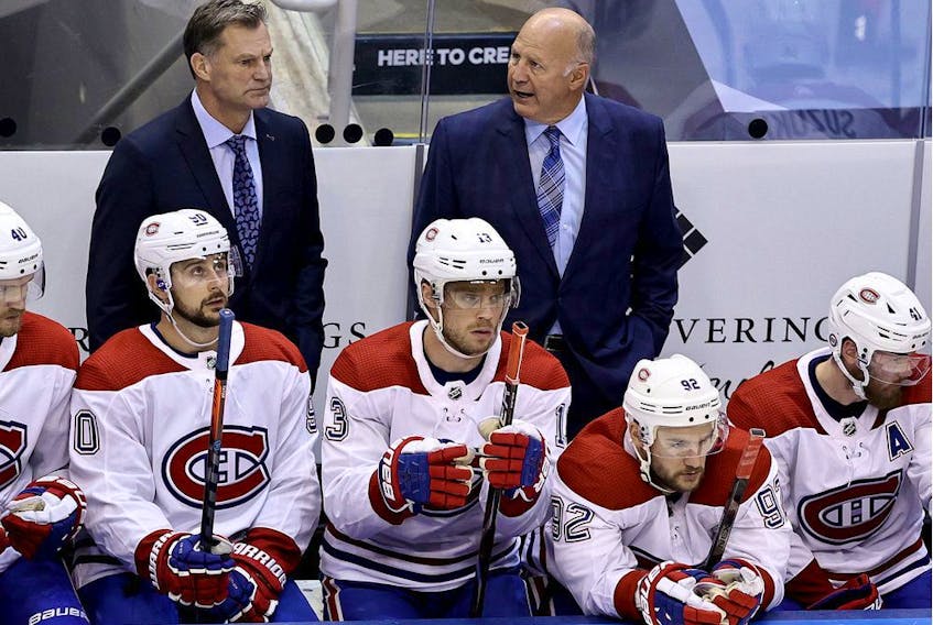Head coach Claude Julien  of the Montreal Canadiens looks on from the bench in the second period against the Philadelphia Flyers in Game One of the Eastern Conference First Round during the 2020 NHL Stanley Cup Playoffs at Scotiabank Arena on Aug. 12, 2020 in Toronto.
