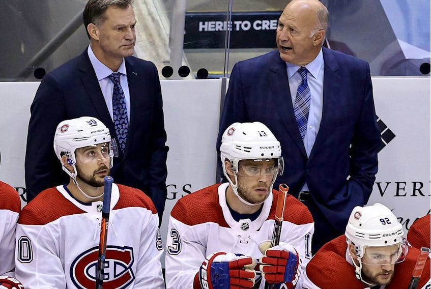 Canadiens head coach Claude Julien  looks on from the bench during the second period against the Philadelphia Flyers in Game 1 of the Eastern Conference First Round during the 2020 NHL Stanley Cup Playoffs at Scotiabank Arena in Toronto on Aug. 12, 2020.