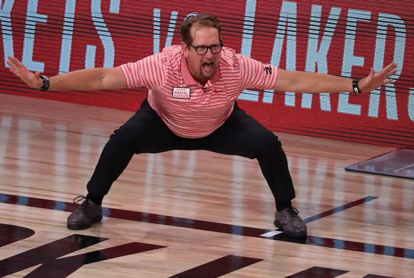 Nick Nurse of the Toronto Raptors reacts during the fourth quarter against the Boston Celtics in Game Seven of the Eastern Conference Second Round during the 2020 NBA Playoffs at AdventHealth Arena at the ESPN Wide World Of Sports Complex on September 11, 2020 in Lake Buena Vista, Florida.  