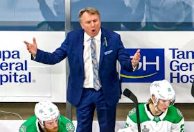 Dallas Stars head coach Rick Bowness reacts during the first period against the Tampa Bay Lightning Game 1 of the 2020 NHL Stanley Cup Final at Rogers Place on September 19, 2020. 