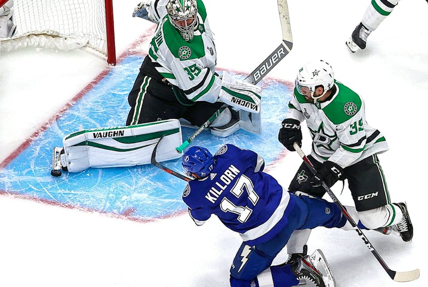 Anton Khudobin (35) of the Dallas Stars stops a shot by Alex Killorn (17) of the Tampa Bay Lightning in Game 1 of the 2020 NHL Stanley Cup Final at Rogers Place on Sept. 19, 2020.