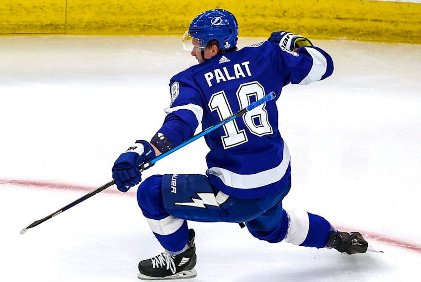 Ondrej Palat (18) of the Tampa Bay Lightning celebrates after scoring a goal against the Dallas Stars during the second period in Game 5 of the 2020 NHL Stanley Cup Final at Rogers Place on September 26, 2020. 