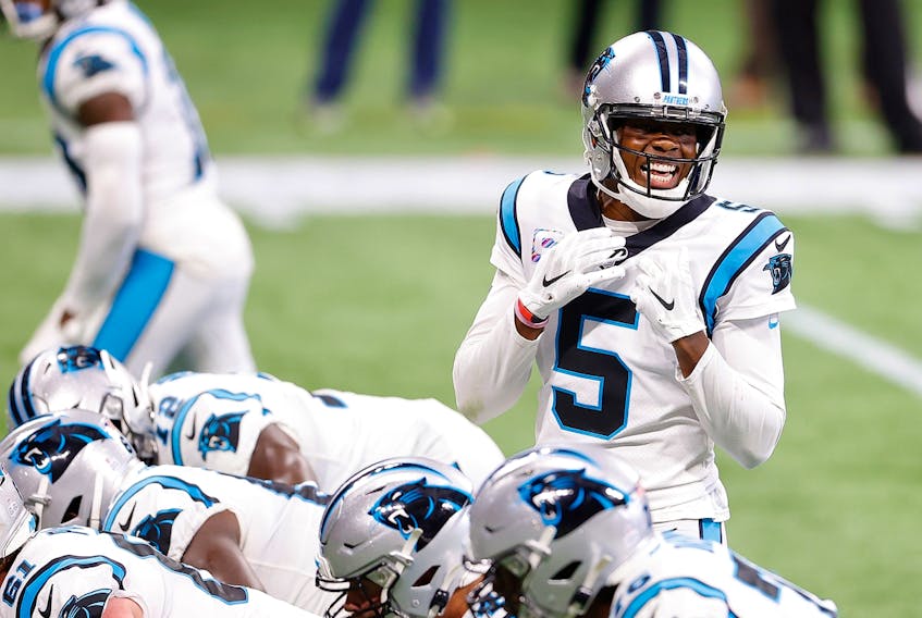 Teddy Bridgewater of the Carolina Panthers runs the offence against the Atlanta Falcons last weekend. 