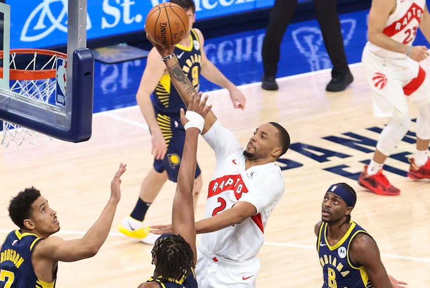 Norman Powell #24 of the Toronto Raptors shoots the ball against the Indiana Pacers on Monday. The Raptors lost the game. 
