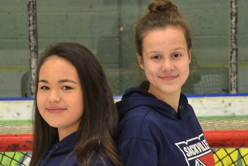 The Sackville Minor Hockey Club’s Mollie McInnis, left, and Carys Trenholm have been chosen to compete with Team New Brunswick at the 2019 National Aboriginal Hockey Championships in Whitehorse in May.