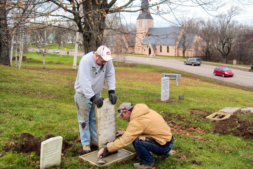 Restoration work in the Old Lower Sackville Methodist Cemetery has been ongoing for many years. Above, work is being completed on one of the stones in November 2011.