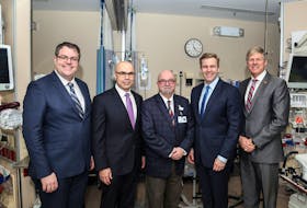 Premier Brian Gallant outlined over $25 million in new targeted investments to fund a multi-year plan to reduce wait times in New Brunswick’s health-care system. From left: Health Minister Benoît Bourque; New Brunswick Medical Society CEO Anthony Knight; Dr. Édouard Hendriks, vice-president of medical, academic and research affairs at Horizon Health Network; Gallant; and deputy premier Stephen Horsman.