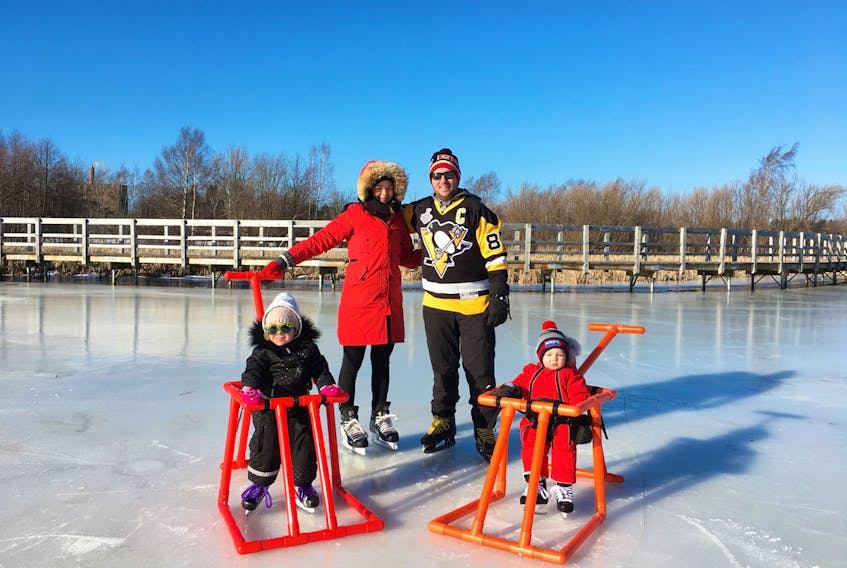 Martine and Chris Patterson, shown here with their kids Emma and Jake, invented a harness designed to teach children at a young age to skate while also helping ease the load off parents’ backs.