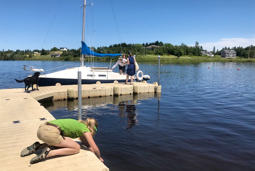 EOS Eco-Energy staff and community volunteers were taking water samples from Silver Lake on Thursday, July 19. Above, Catherine Priemer, foreground, takes a sample, while EOS watershed coordinator Kelli-Nicole Croucher prepares to board a sailboat to obtain samples out on the lake.