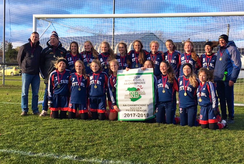 The Tantramar lady soccer Titans are the 2017 AA varsity girls soccer champions. Front row (left to right): Olivia Brownell; Kyla Davis; Mya Milner; Mackenzie Allen; Abby Lane; Carly Phinney; Claire Johnson and Nicole Patterson. Back row (left to right): assistant coach Chris Milner; manager Steve Ridlington; Julia Stubbert; Anna Crossman; Jesse Davis; Emily Browne-Bourgeois; Sara Grant; Kathryn Whittemore; Abbey Morice; Leslie Silliker; Isabelle Adams and head coach Nev Garrity.