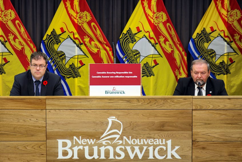 Legislation to be introduced this week aims to help protect New Brunswickers, particularly youth, from harm associated with cannabis use. Participating in the announcement were Health Minister Benoît Bourque, left, and Justice and Public Safety Minister Denis Landry.