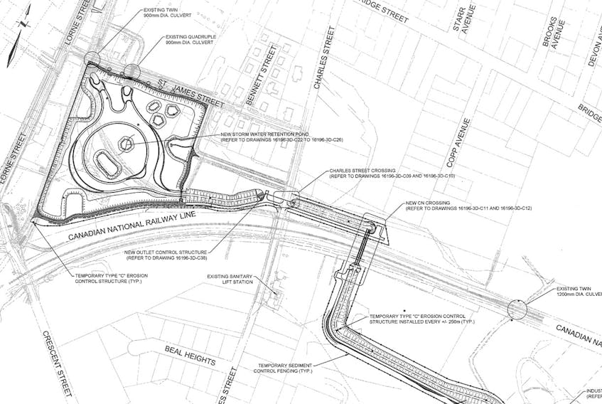 Phase II of the Lorne Street project, which is the stormwater mitigation phase, is expected to include construction of a retention pond off of St. James Street, as shown above in this tender drawing, as well as new ditching, channels and installation of a new aboiteau structure. The project, however, is being reassessed as the tenders all came in substantially over budget.  CRANDALL ENGINEERING IMAGE