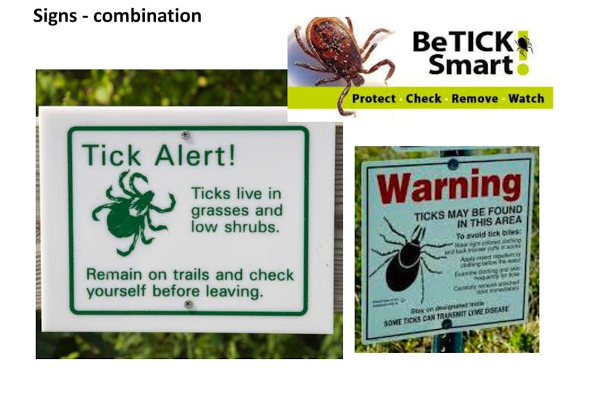 Dr. Vett Lloyd, a researcher and professor at Mount Allison University, is recommending the town consider installing signs like these ones in its parks and green spaces to warn people of the presence of ticks.