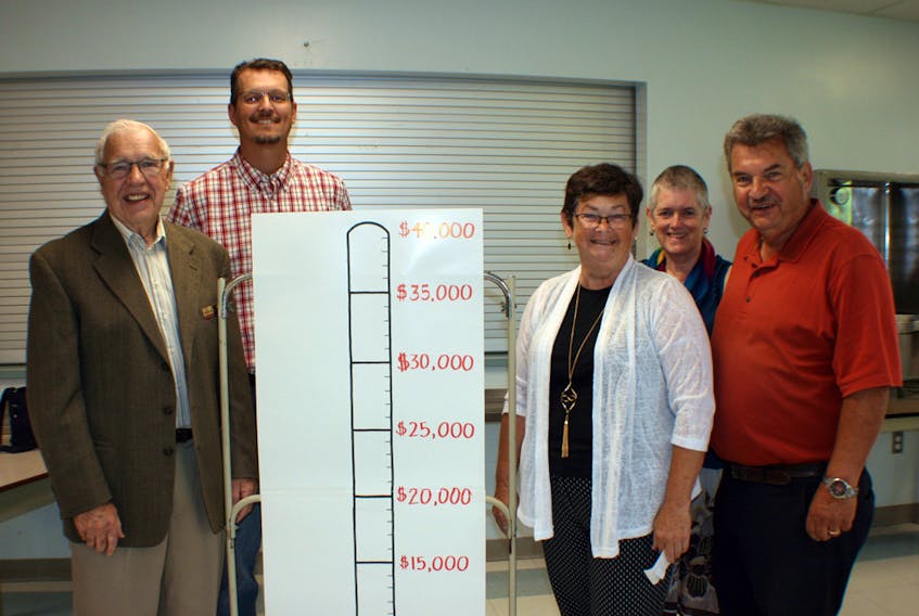 The Friends of the Port Elgin Public Library officially launched its fund-raising campaign in support of the libraries' new facility to be relocated to the Port Elgin Regional School. Shown here with the fund-raising thermometer are, left to right: Anglophone East District Education Council chairperson Harry Doyle, PERS principal Christoph Becker, committee chairperson Sharon Allen, Port Elgin village councillor Val MacDermid and Memramcook-Tantramar MLA Bernard LeBlanc.