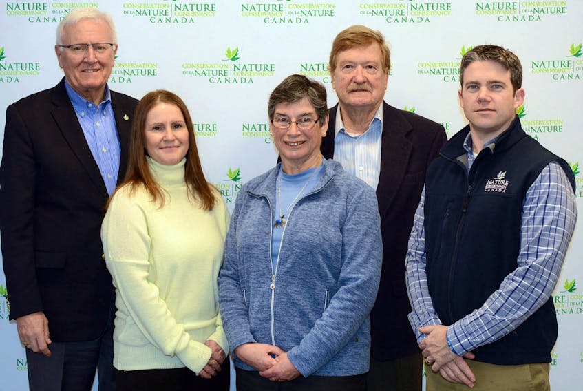 The Nature Conservancy of Canada (NCC) announced the expansion of wilderness areas in Pugwash and Sackville, N.B. Monday morning in Amherst. On hand for the announcement was, from left, Bill Casey, MP for Cumberland Colchester; Kerry Lee Morris-Cormier, a shorebird conservationist with the NCC; Betty Hodgson, chair with the Friends of the Pugwash Estuary; Richard Beswick, chair with Cumberland Wilderness; and Craig Smith, NCC program director 
for Nova Scotia.
