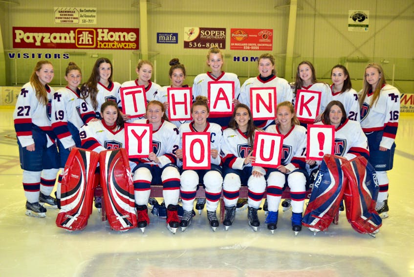 The 2017 Tantramar Lady Titans send thanks to the Sackville community for their support of the team’s return to NBIAA - AAA Girls’ Hockey after a one-year hiatus. Front row, left to right: Shelby Hicks, Leslie Silliker, Delaney Acton, Kerrington Estabrooks, Mackenzie Allen and Kim Cadman. Back row, left to right: Alyssa Landry, Emma Lloyd, Emma Vogels, Meredith Hicks, Alexa Estabrooks, Abbey Morice, Maddy Higgins, Sarah Lowerison, Erin Carr and Miriam Hicks. Missing: Evelyn Blaney. PHOTO SUBMITTED