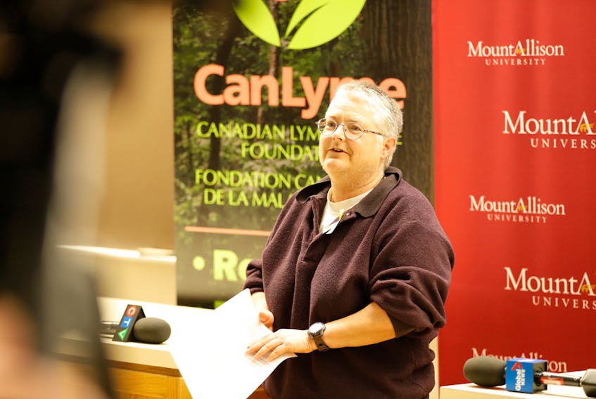 Mount Allison biology professor Vett Lloyd speaks at the opening of Mount Allison Lyme Research Network in 2017. Mount Allison will host the third Maritime Tick and Tick Vectored Disease Research Conference, open to the public, on Saturday, April 28, 2018.